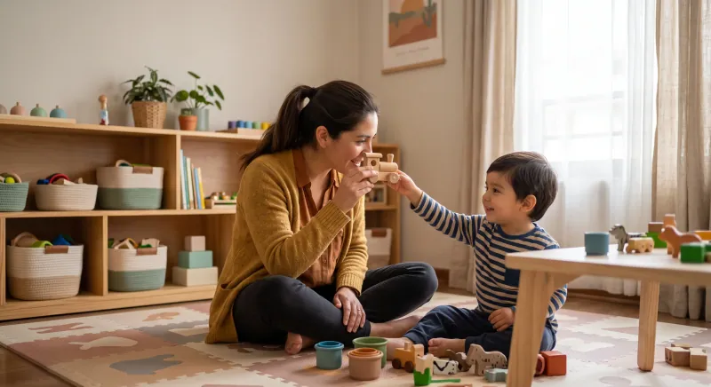 Niño pequeño jugando con su madre en un espacio luminoso y seguro, ilustra guía sobre diagnóstico temprano